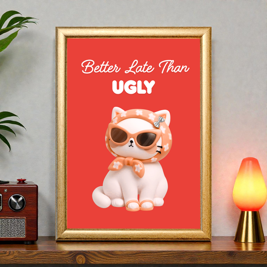 Framed “Better Late Than Ugly” cat art print with a stylish cat wearing sunglasses, displayed on a shelf with a lamp and plant in a cosy home interior.