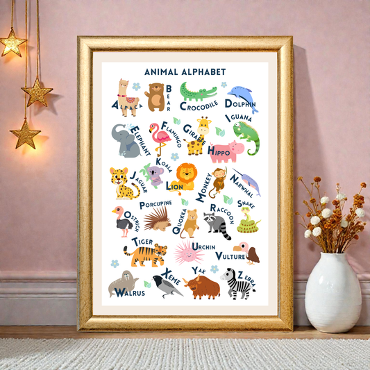 Framed animal alphabet poster on a wall with decorative elements.