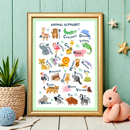 Framed animal alphabet poster on a teal wall with decorative elements.