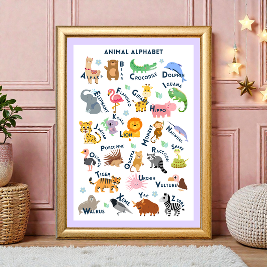 Framed animal alphabet poster on a wall with decorative elements.