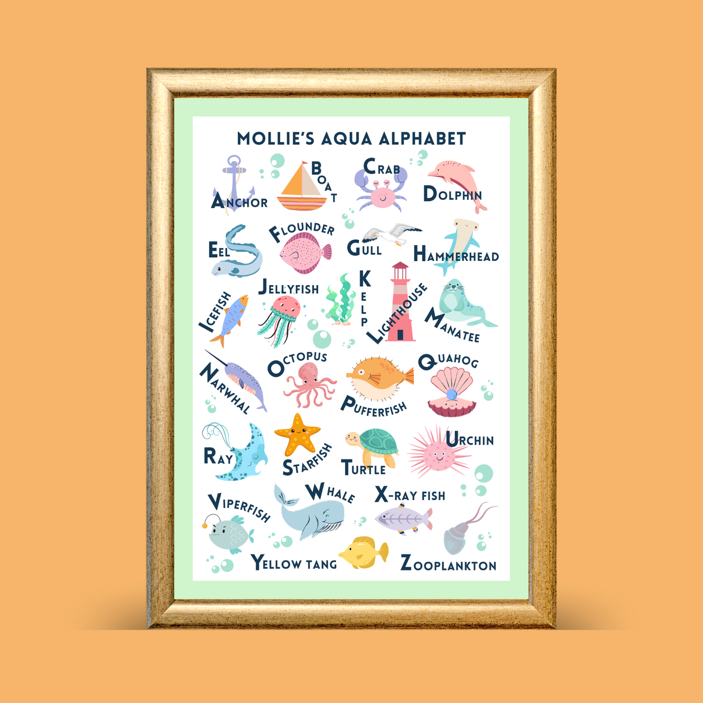 Framed children's poster with sea creature alphabet on a yellow background