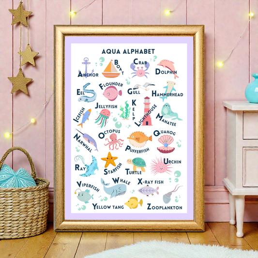 Framed children's alphabet poster with colorful illustrations on a pink wall.