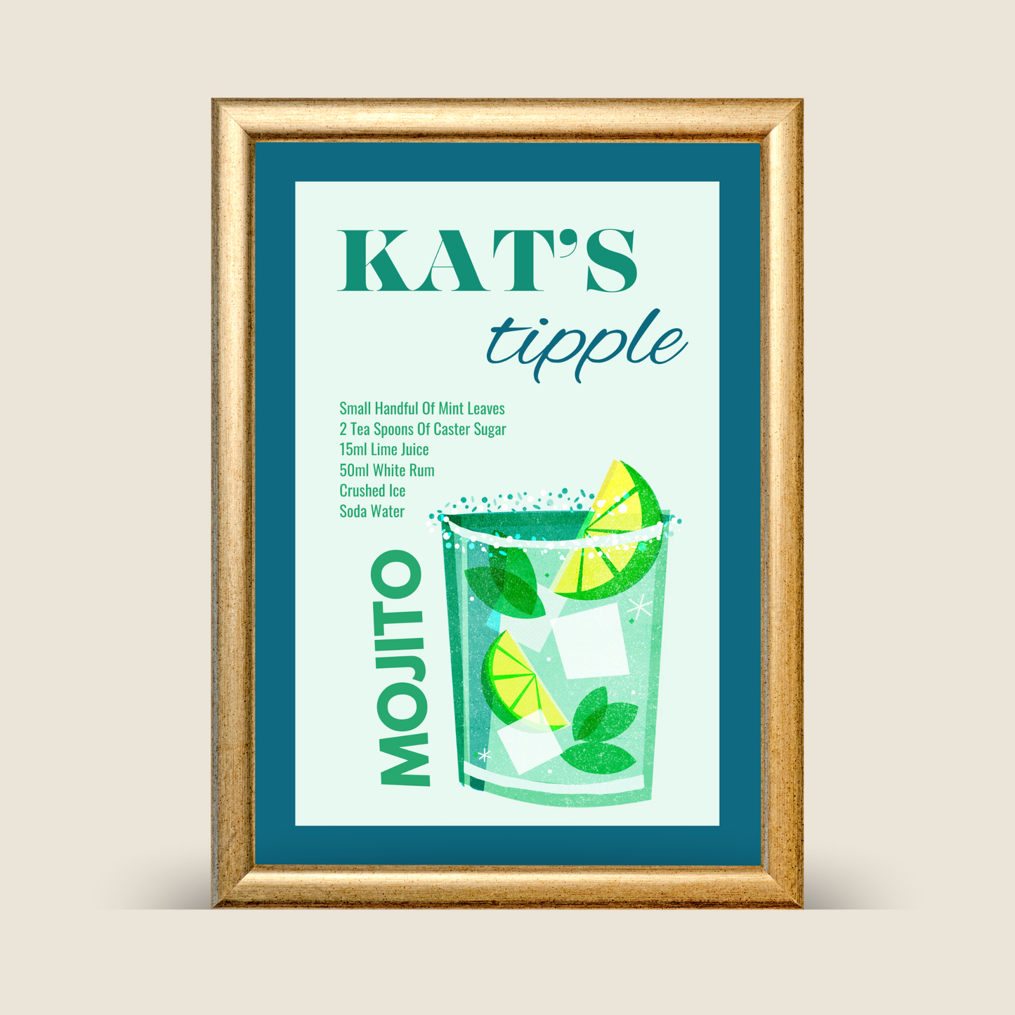 Framed teal and mint green cocktail poster reading “KAT’S tipple – Mojito,” featuring a stylized illustration of a mojito glass with lime wedges, mint leaves, and ice cubes. The recipe ingredients are listed on the left, all set within a wooden frame against a neutral background.