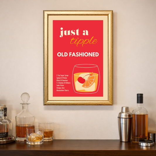 Just a Tipple Old Fashioned cocktail recipe print featuring bourbon drink illustration with orange slice and cherry on vibrant red background, with home bar elements around the image.