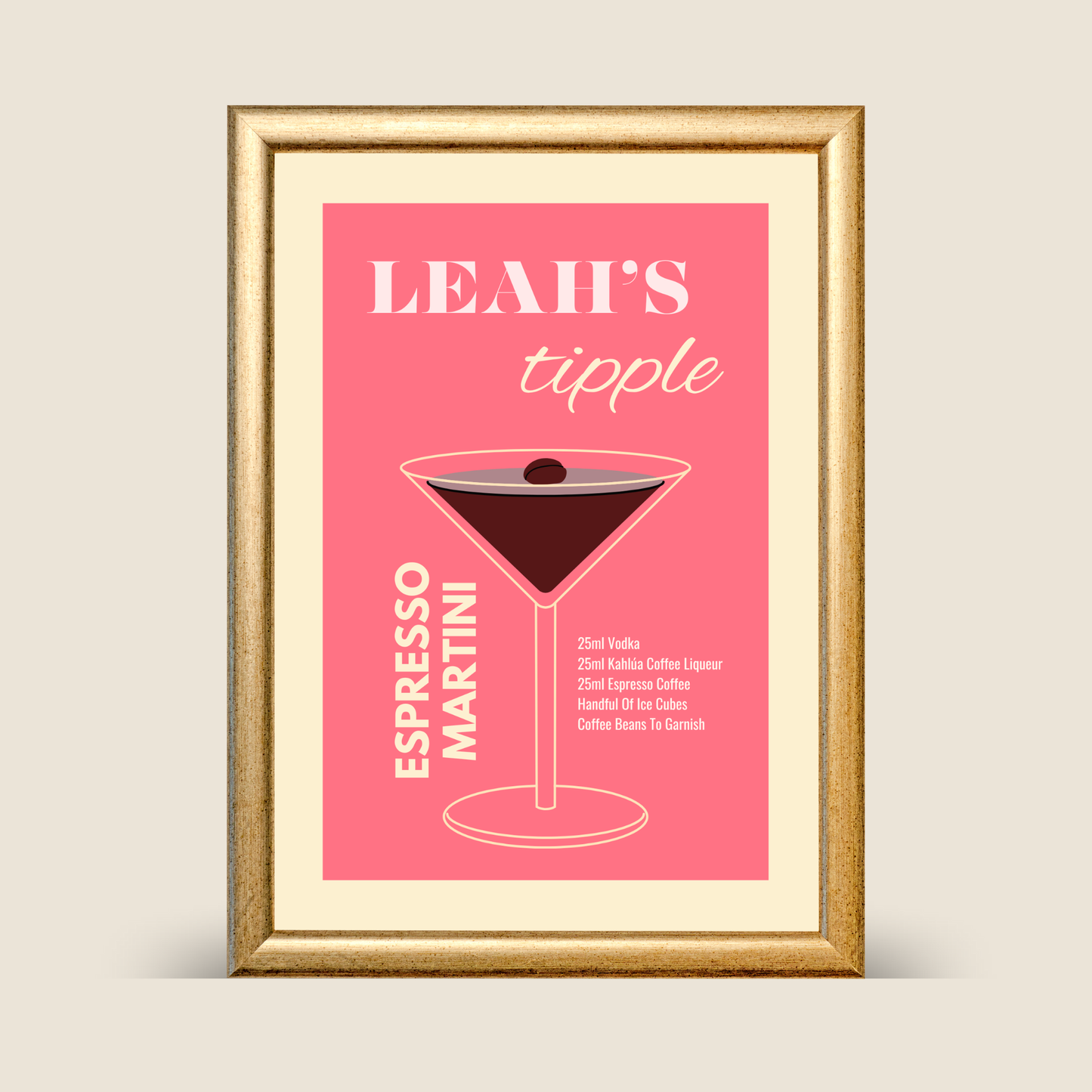 Framed poster with 'Leah's Tipple' espresso martini recipe on a pink background