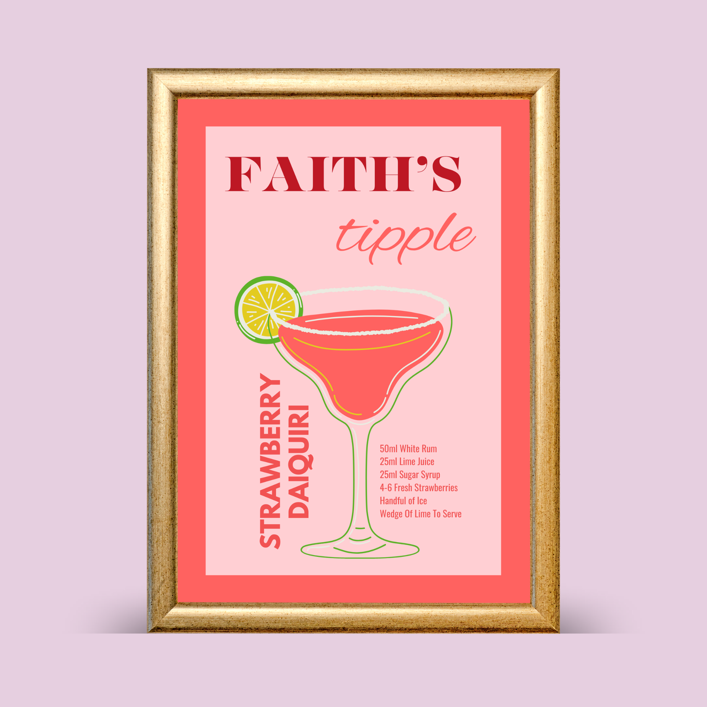 Framed print with a strawberry daiquiri recipe on a pink background