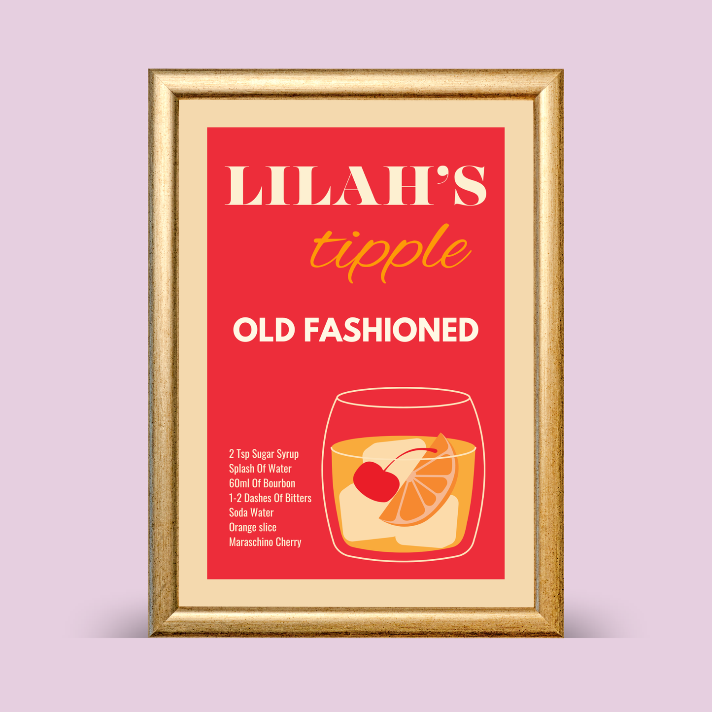 Just a Tipple Old Fashioned cocktail recipe print featuring bourbon drink illustration with orange slice and cherry on