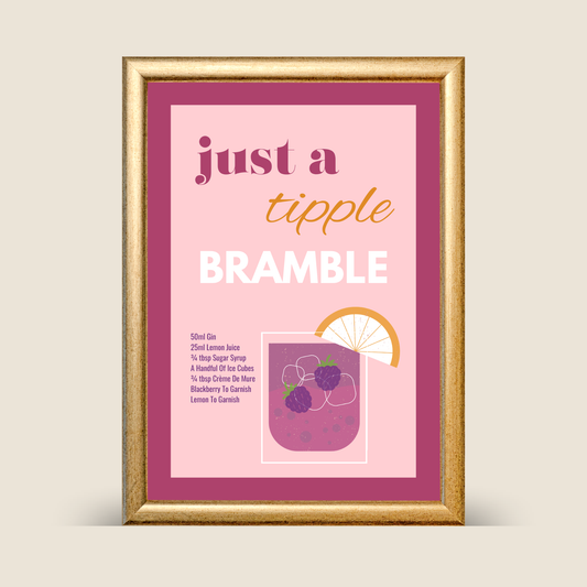 Purple illustrated Bramble cocktail recipe print featuring a gin cocktail with lemon, blackberries, ice, and garnish, displayed in a gold frame on a neutral background.
