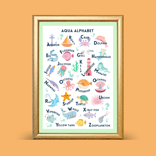 Aqua alphabet print with mint green border featuring ocean animals A–Z, educational ocean ABC wall art for kids