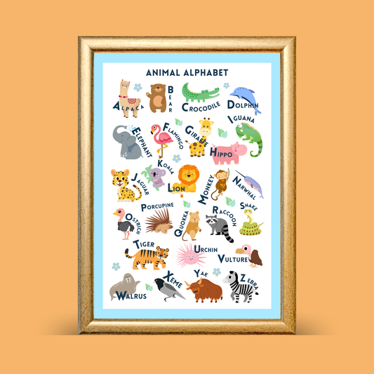 Animal alphabet print with illustrated animals A–Z on a blue background, educational kids wall art