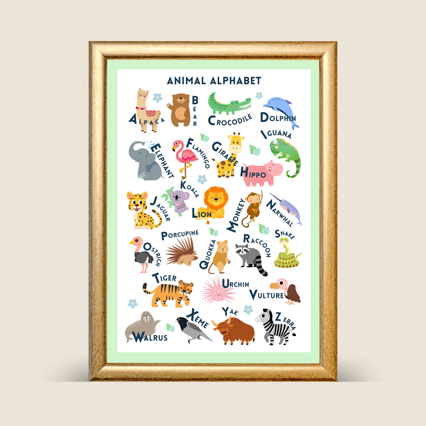 Framed children's poster with animal alphabet on a light green background