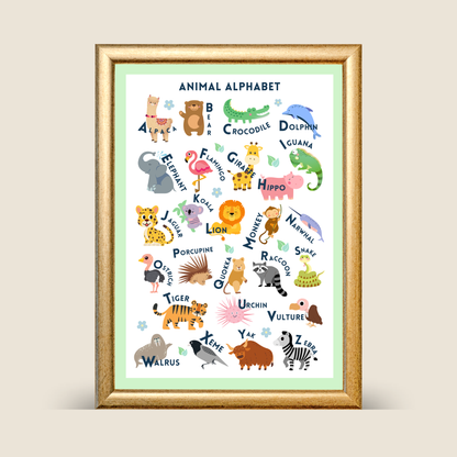 Framed children's poster with animal alphabet on a light green background