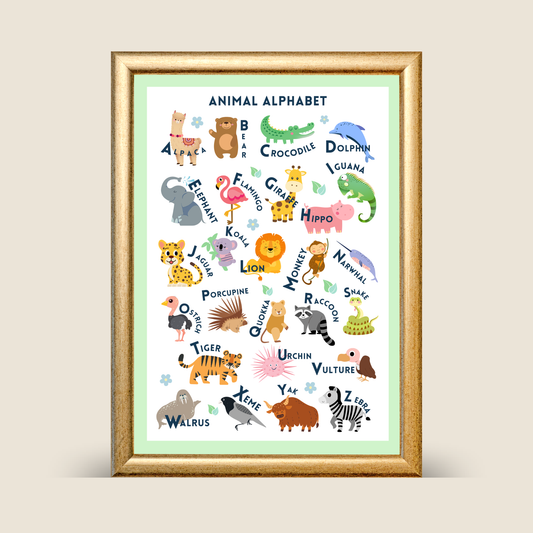 Framed children's poster with animal alphabet on a light green background
