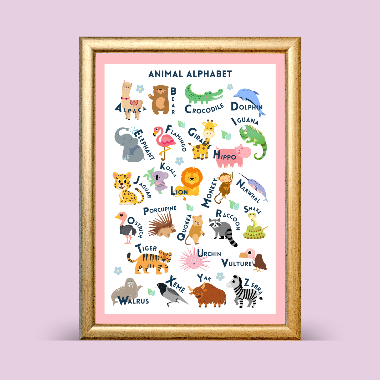 Framed children's poster with animal alphabet on a pink background
