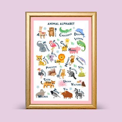 Framed children's poster with animal alphabet on a pink background