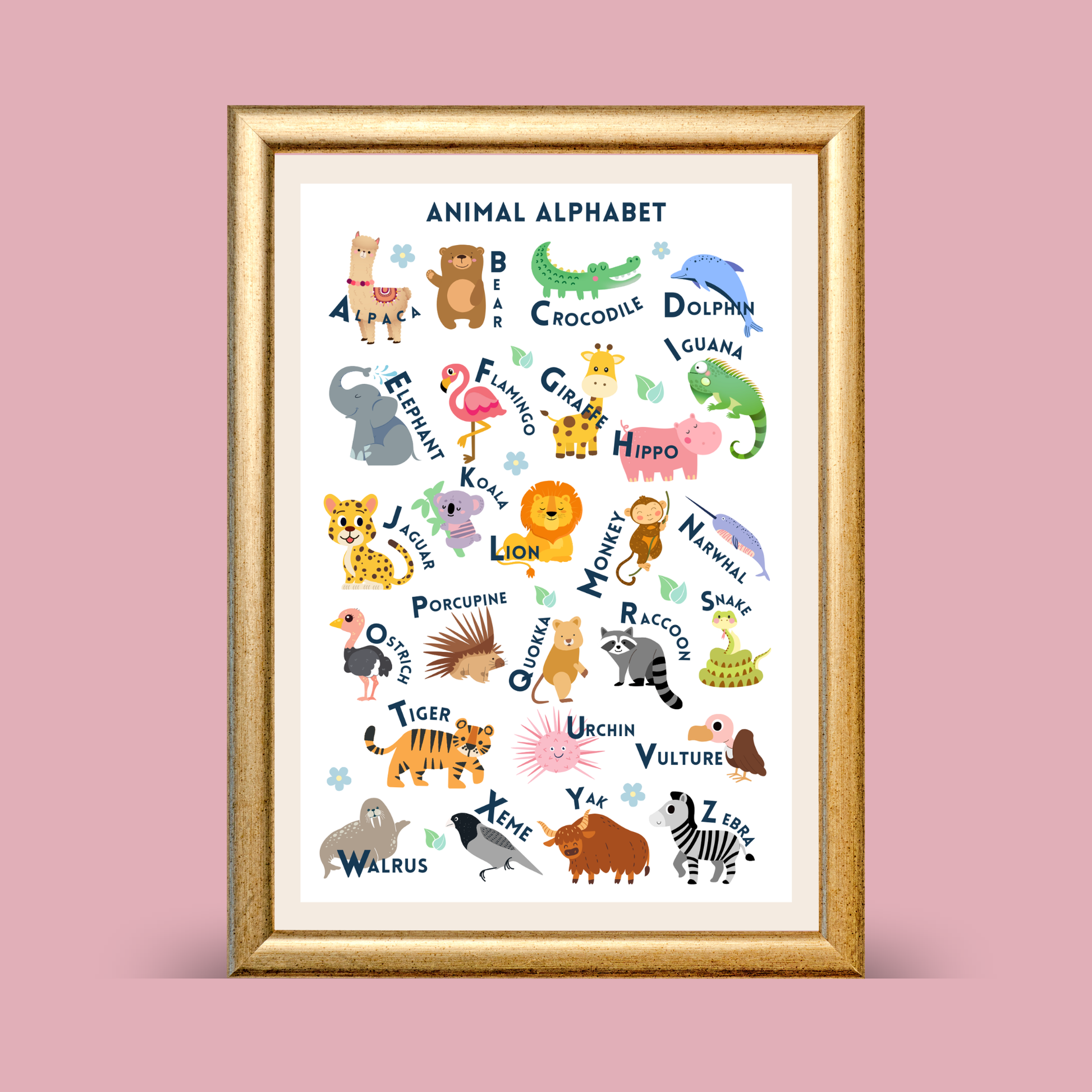 Animal alphabet print with illustrated animals A–Z on a beige background, educational kids wall art