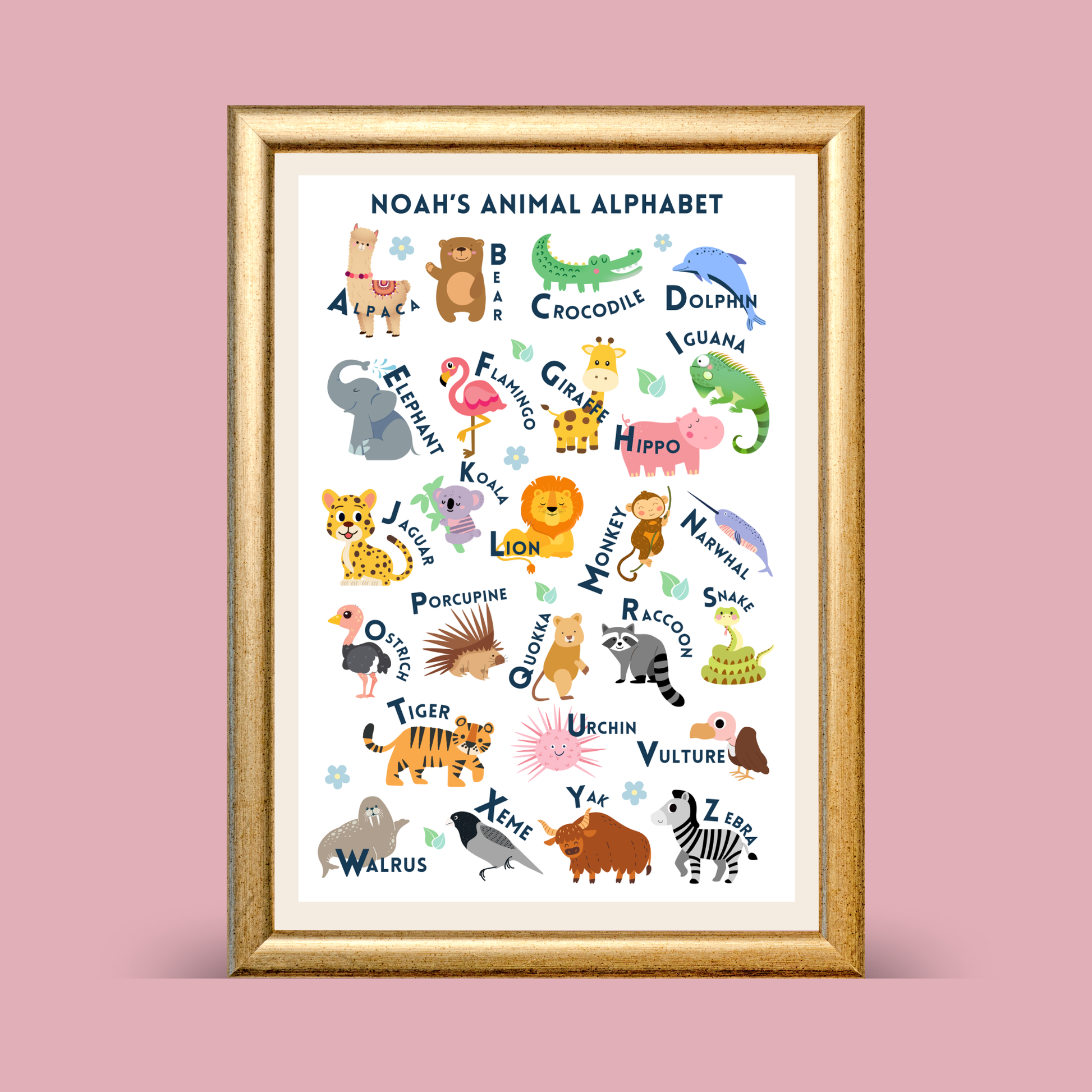 Animal alphabet print with illustrated animals A–Z on a beige background, educational kids wall art