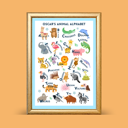 Animal alphabet print with illustrated animals A–Z on a blue background, educational kids wall art