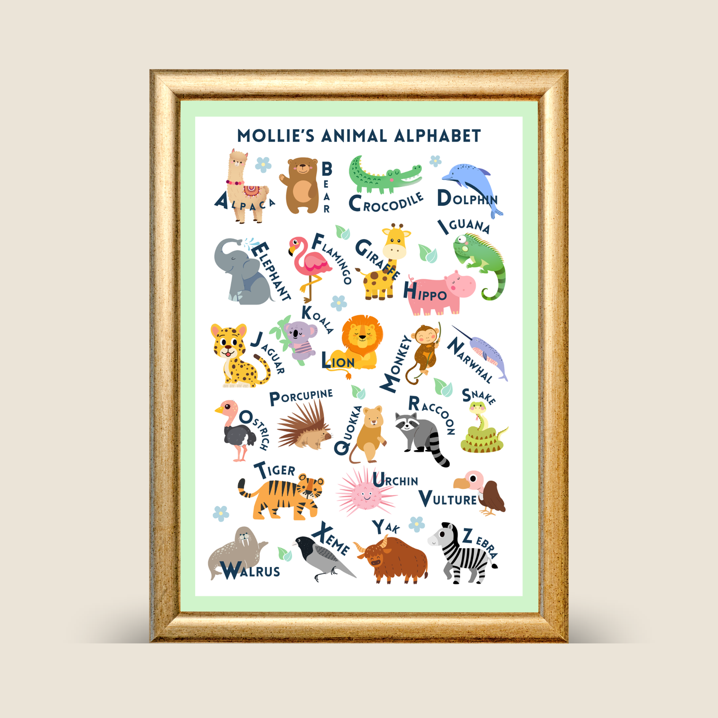 Animal alphabet print with illustrated animals A–Z on a neutral green background, educational kids wall art