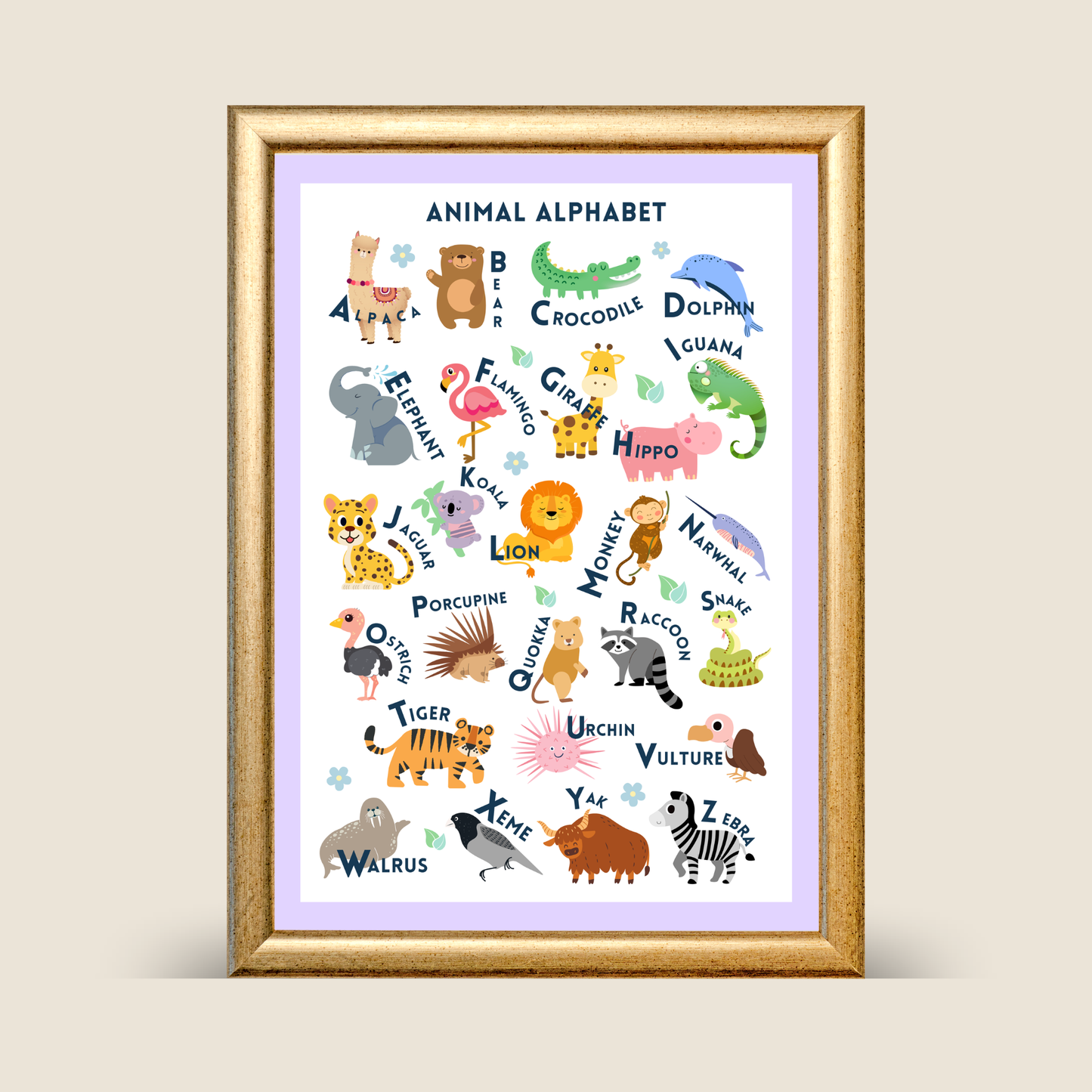 Animal alphabet print with illustrated animals A–Z on a purple background, educational kids wall art
