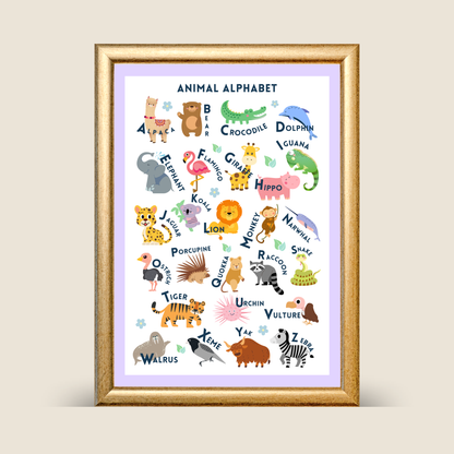 Animal alphabet print with illustrated animals A–Z on a purple background, educational kids wall art