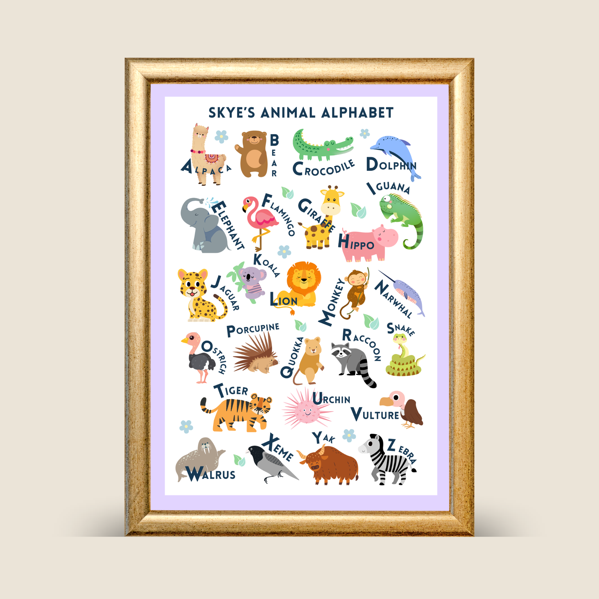 Animal alphabet print with illustrated animals A–Z on a purple background, educational kids wall art