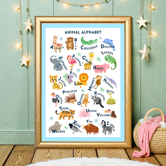 Framed animal alphabet poster on a teal wall with decorative elements.