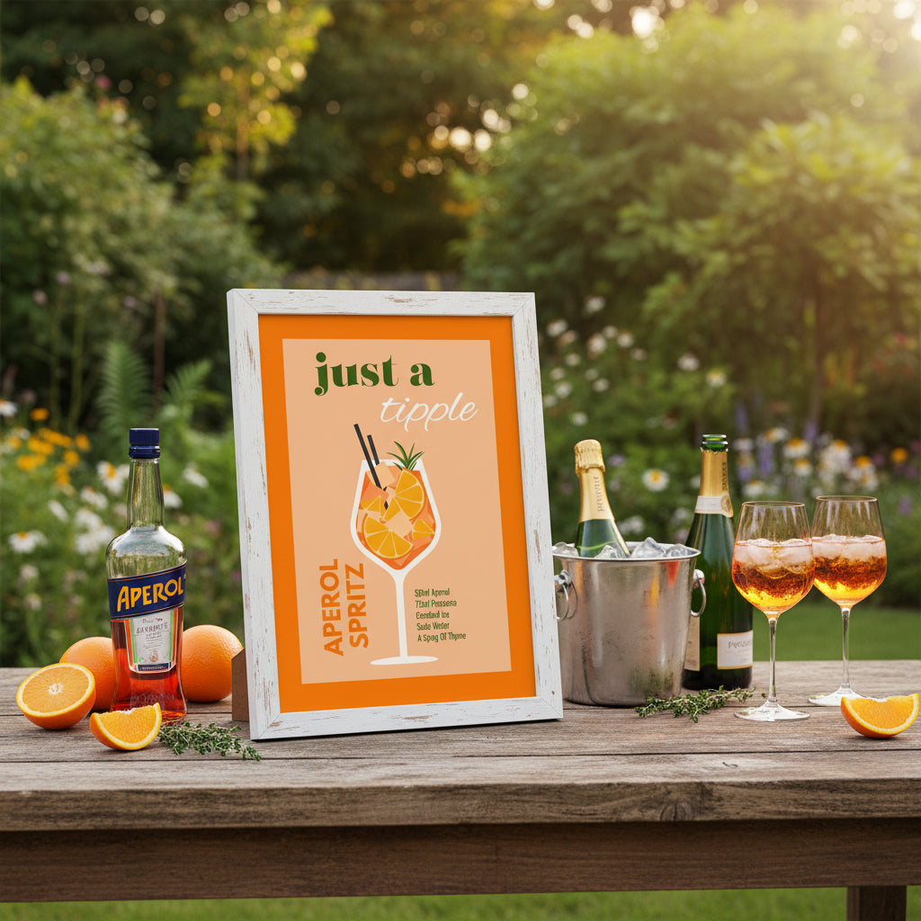 Framed print of an Aperol Spritz illustration with text on a pink background