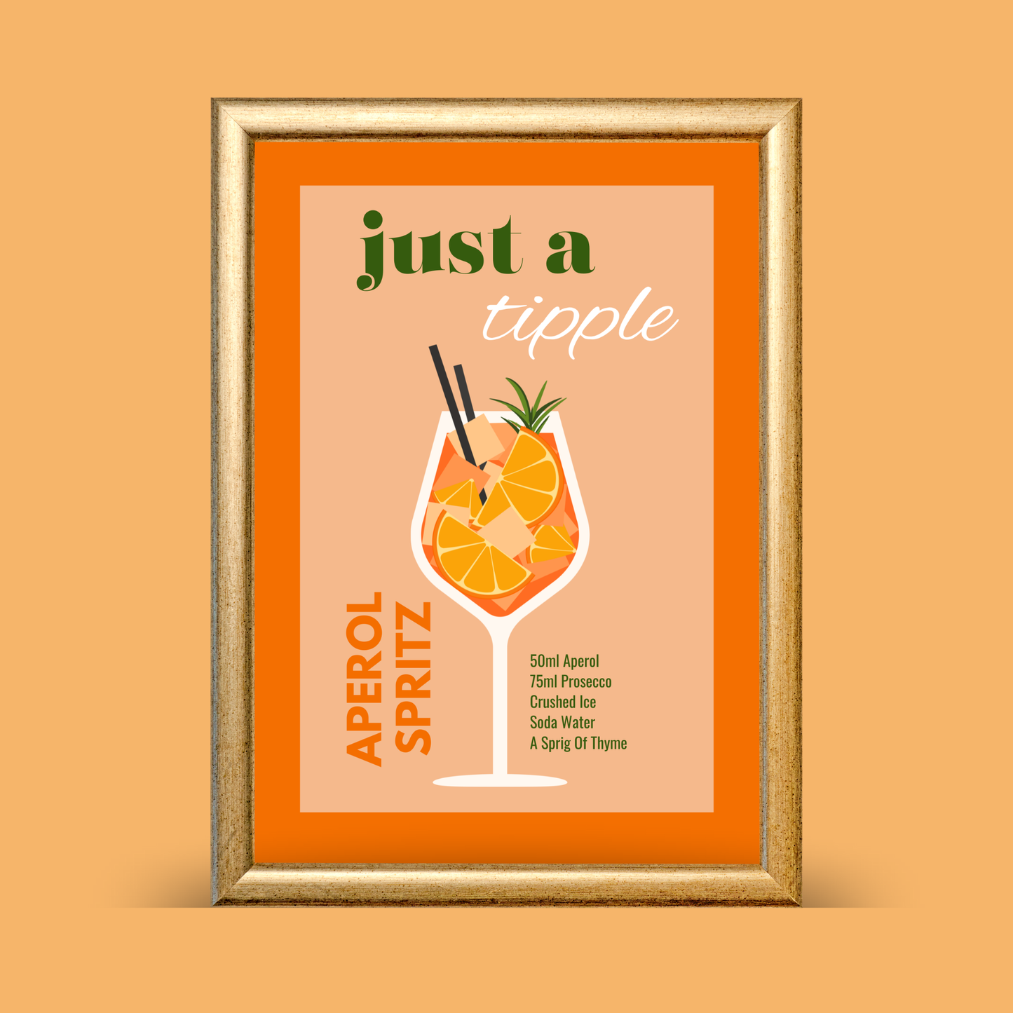 Framed print with Aperol Spritz illustration and text on a peach background