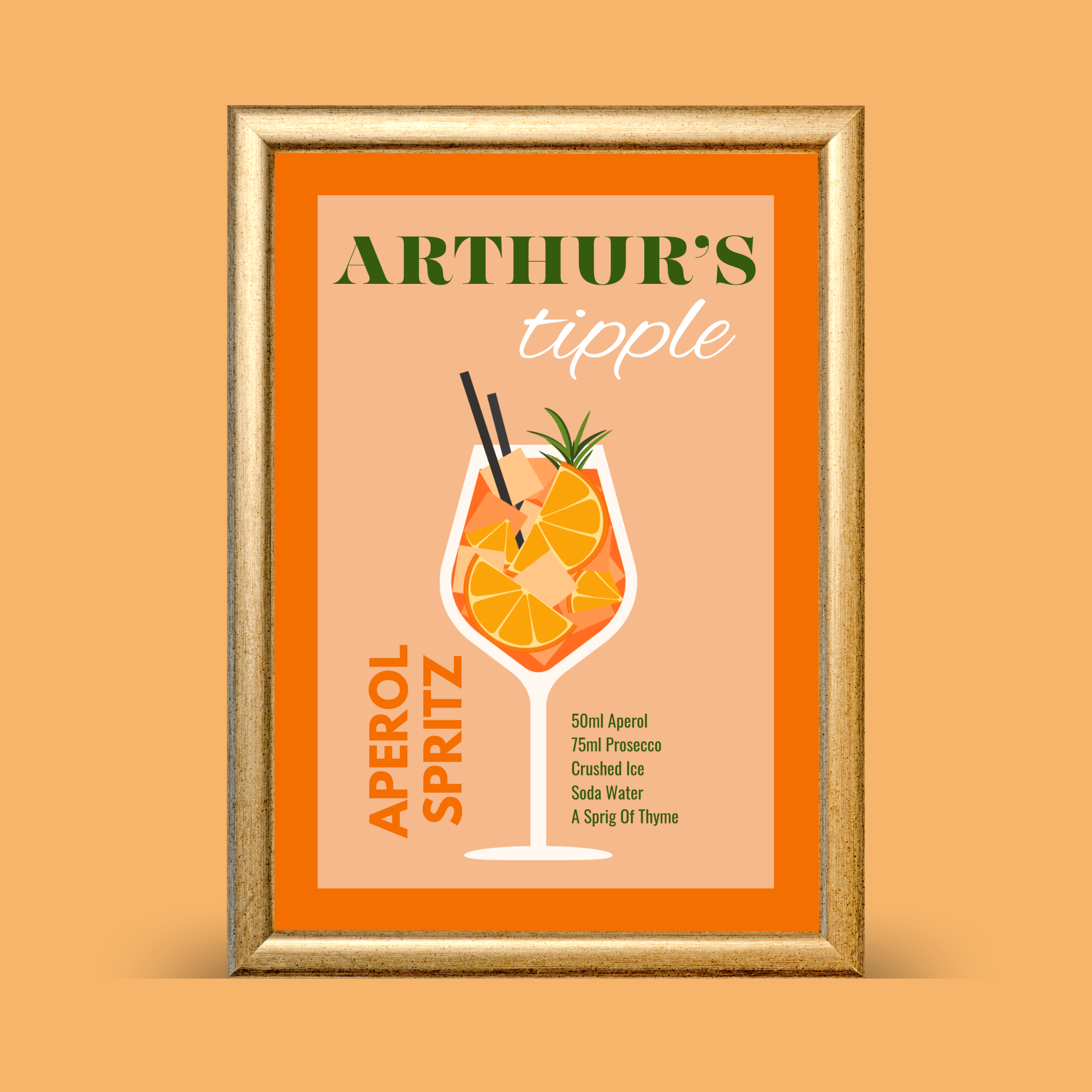 Framed poster with 'Arthur's Tipple' design featuring an Aperol Spritz cocktail on a peach background.