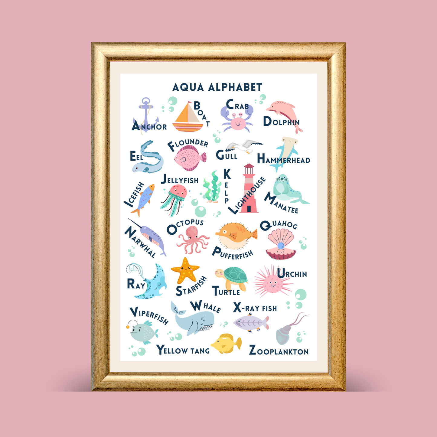 Aqua alphabet print with beige border featuring ocean animals A–Z, educational ocean ABC wall art for kids

