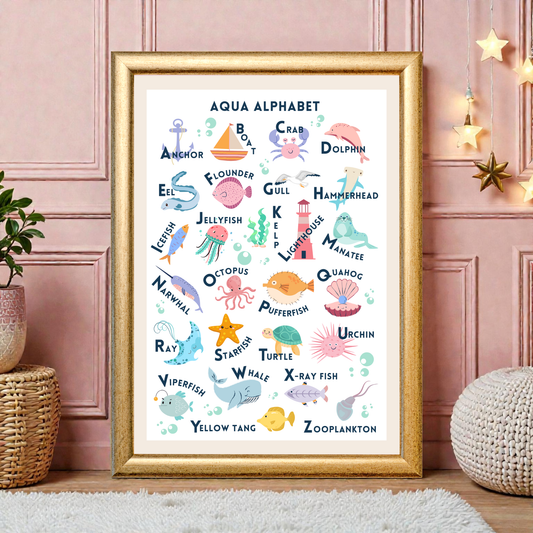 Aqua alphabet print with ocean animals A–Z displayed in nursery room, educational ocean ABC wall art for kids
