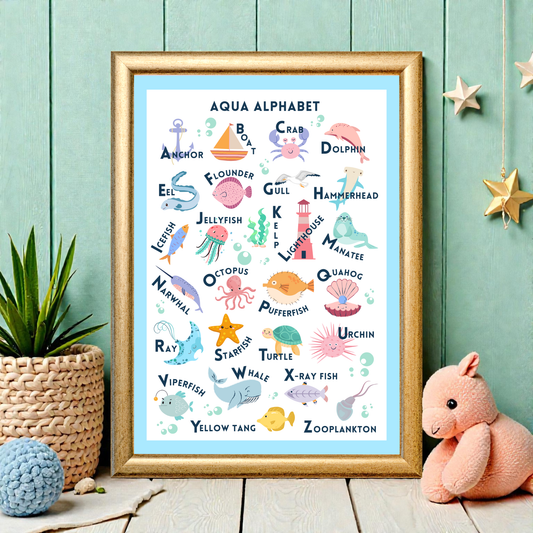Framed children's poster with an alphabet of sea creatures on a light blue background, displayed on a wooden wall with decorative elements.