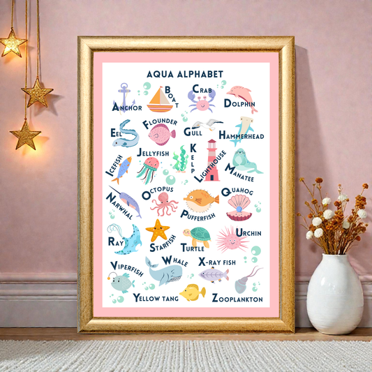 Framed 'Aqua Alphabet' poster with colorful illustrations of sea creatures on a pink background, displayed in a room.