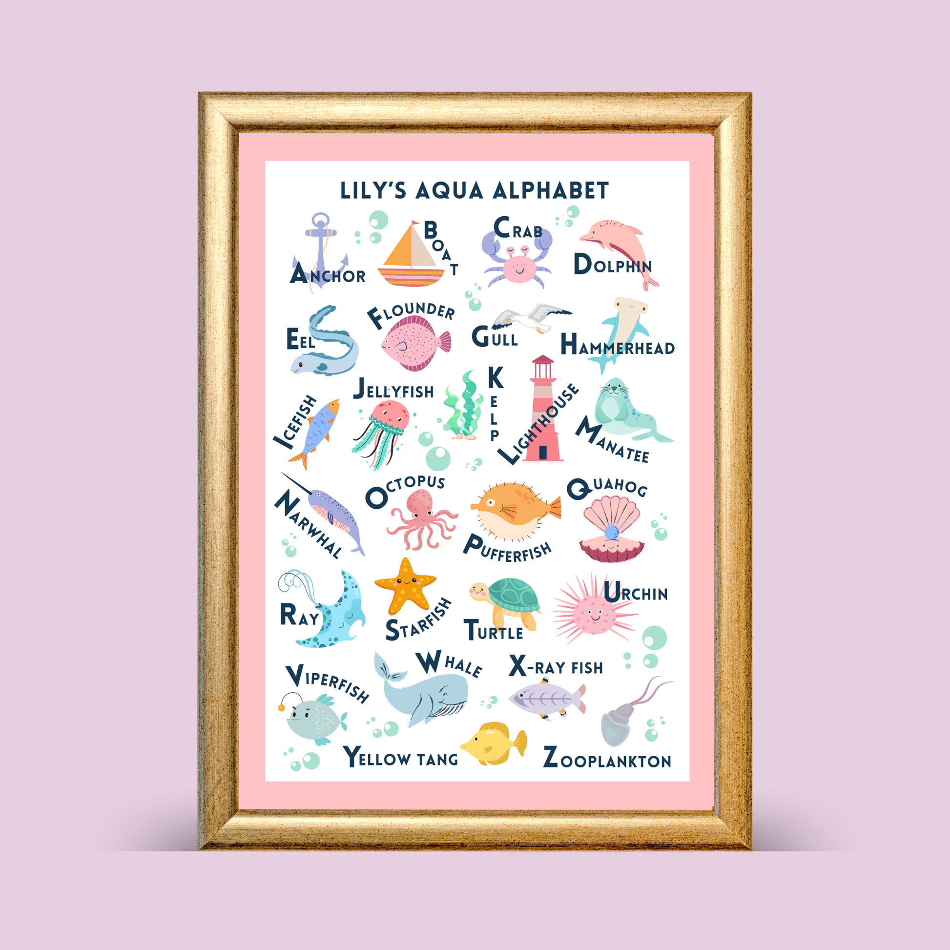 Framed children's poster with alphabet and sea creature illustrations on a pink background