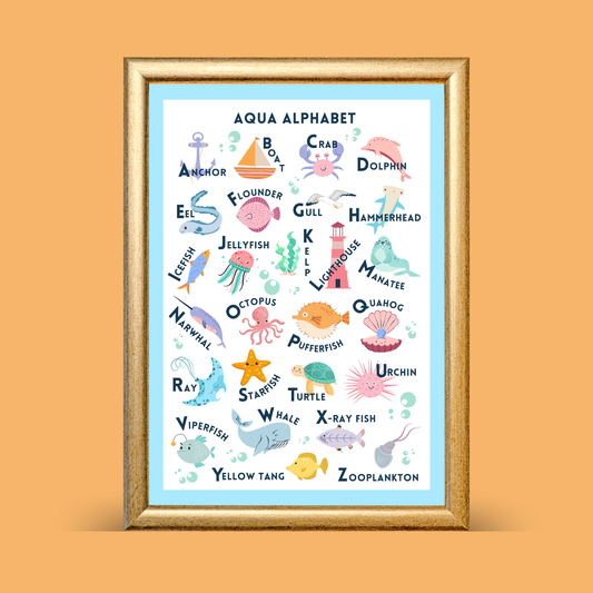 Framed artwork titled 'Aqua Alphabet' with colorful illustrations of sea creatures on a light blue background.