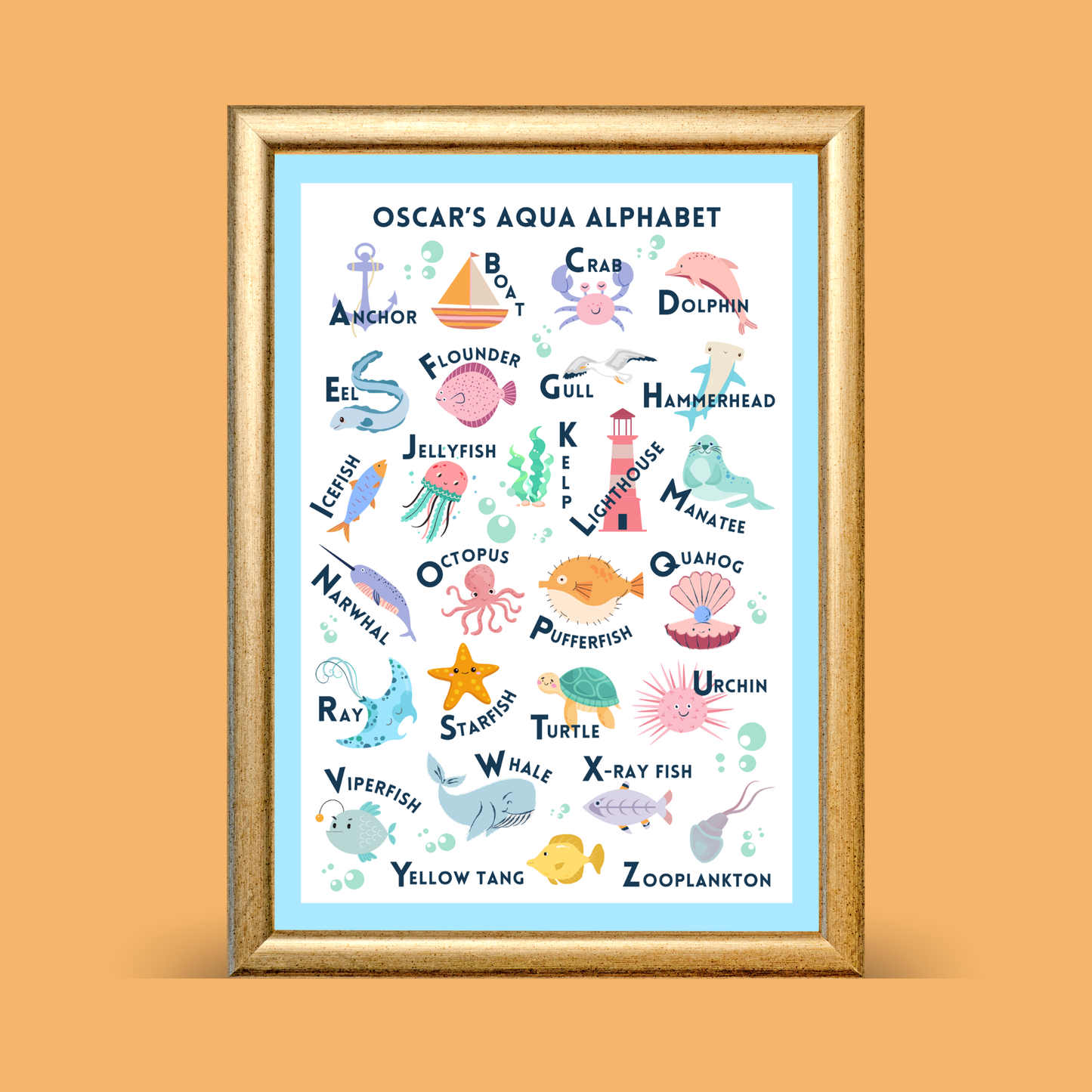 Aqua alphabet print personalised with blue border featuring ocean animals A–Z, educational ocean ABC wall art for kids