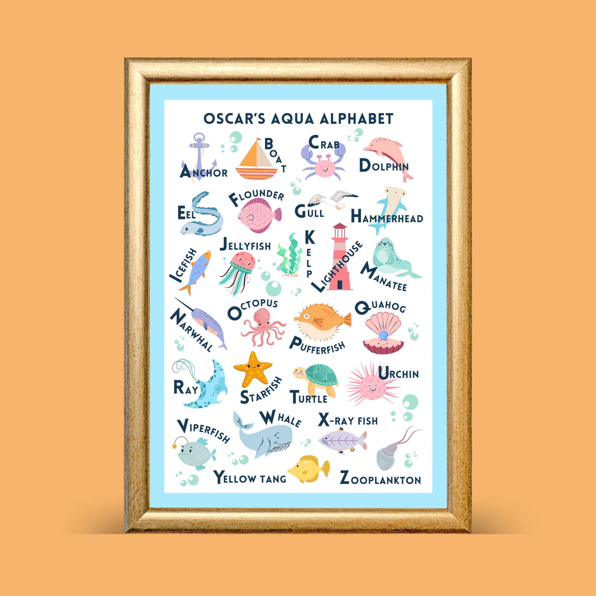 Aqua alphabet print personalised with blue border featuring ocean animals A–Z, educational ocean ABC wall art for kids