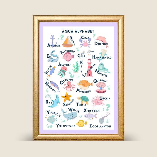 Framed poster with colorful alphabet of sea creatures on a light purple background