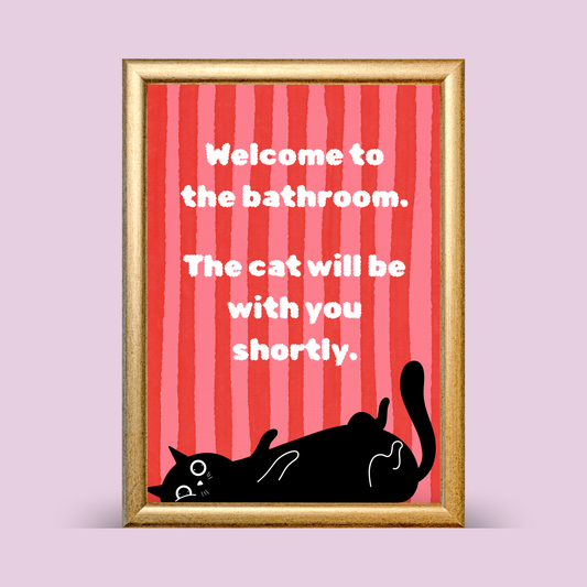 Framed artwork with a red striped background, black cat illustration, and humorous text on a light purple background.
