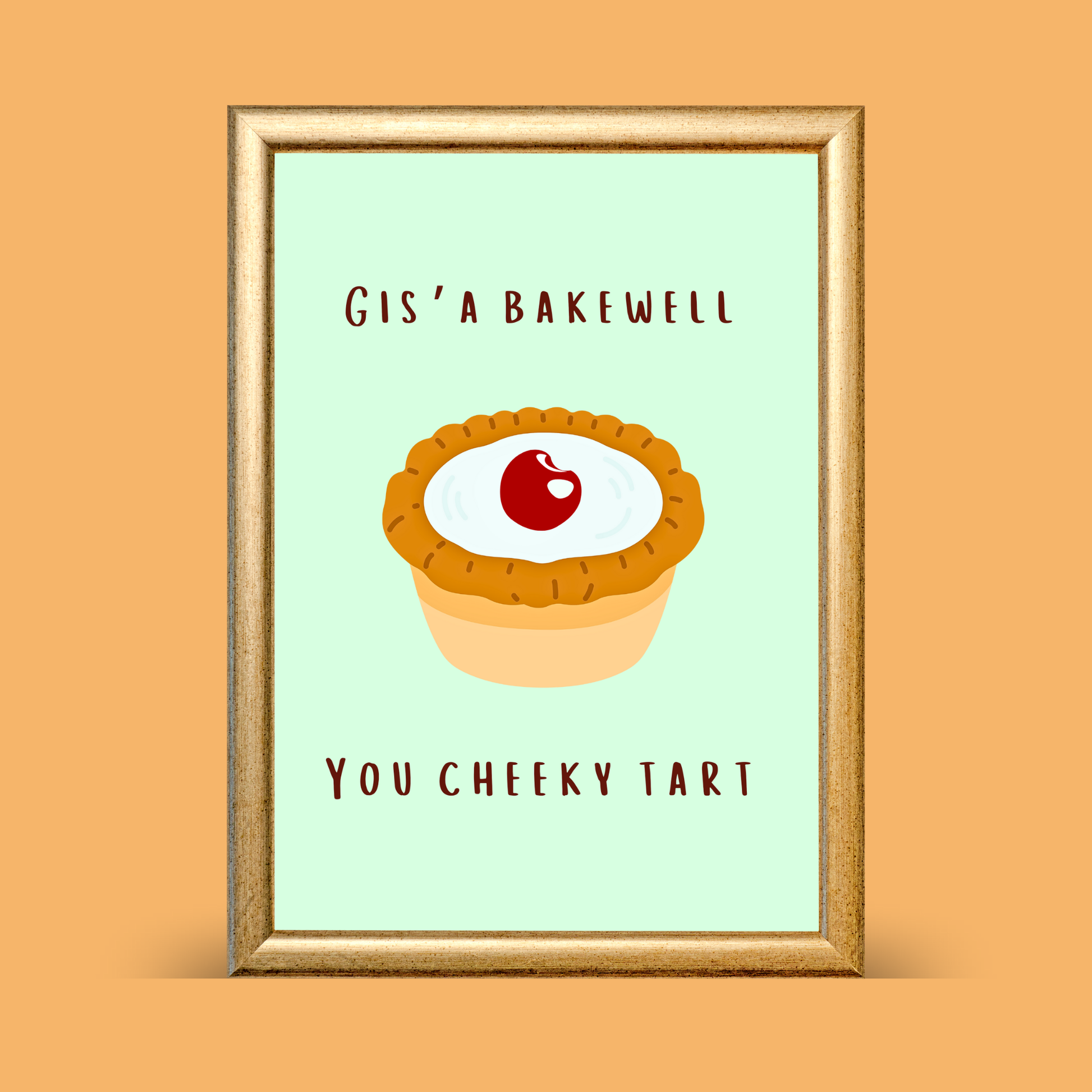 Framed artwork with a Bakewell tart illustration and text on a light green background.