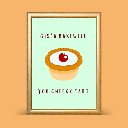Framed artwork with a Bakewell tart illustration and text on a light green background.