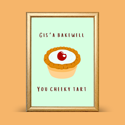 Framed artwork with a Bakewell tart illustration and text on a light green background.
