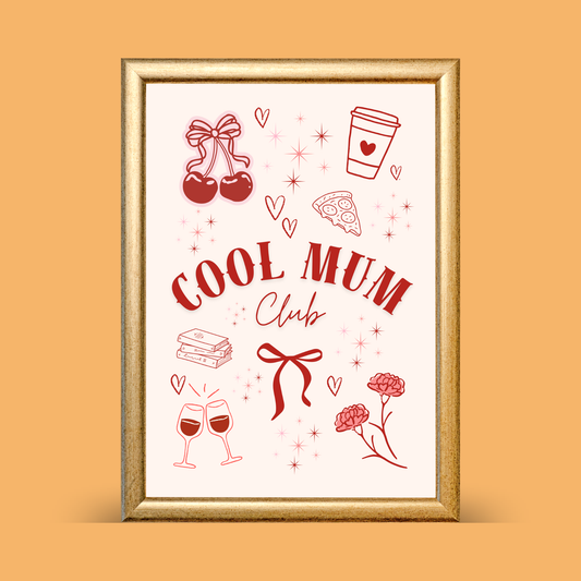 Cute “Cool Mum Club” wall art print featuring red illustrations of cherries, coffee, pizza, books, wine glasses, and flowers.
