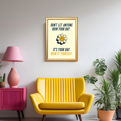 Yellow armchair in a room with a motivational poster, pink lamp, and potted plants.