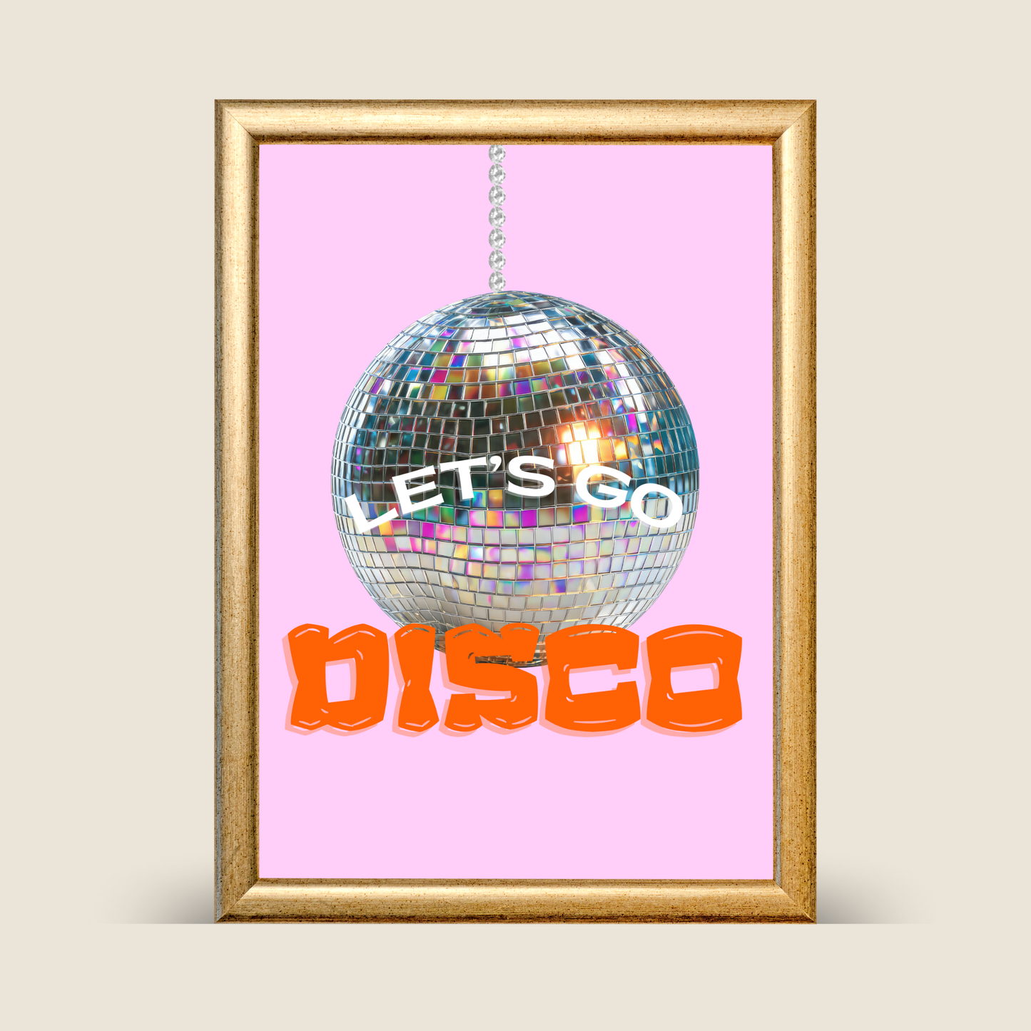 Framed artwork with a disco ball and 'Let's Go Disco' text on a neutral background