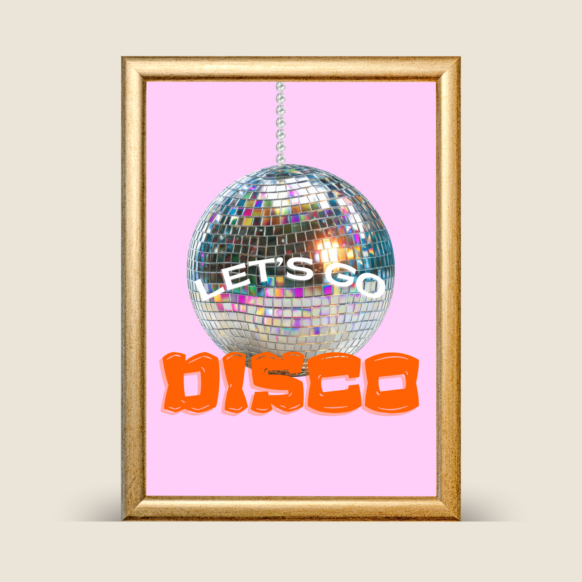 Framed artwork with a disco ball and 'Let's Go Disco' text on a neutral background