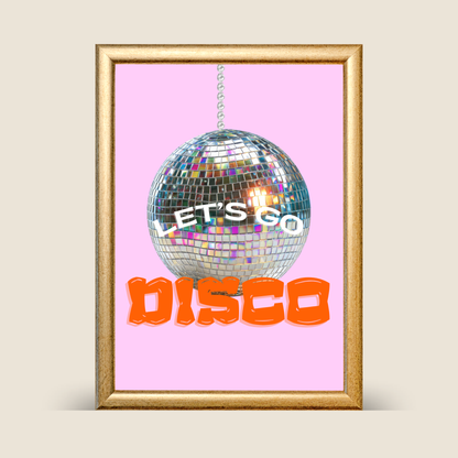 Framed artwork with a disco ball and 'Let's Go Disco' text on a neutral background