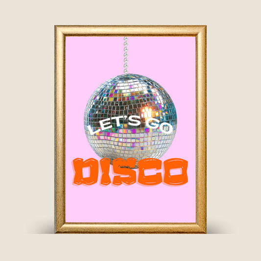 Framed artwork with a disco ball and 'Let's Go Disco' text on a neutral background