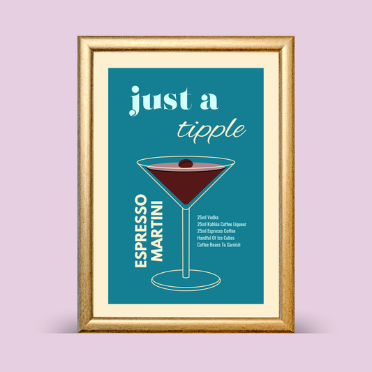 Framed espresso martini illustration with teal background and gold frame, featuring a minimalist cocktail graphic and recipe text.